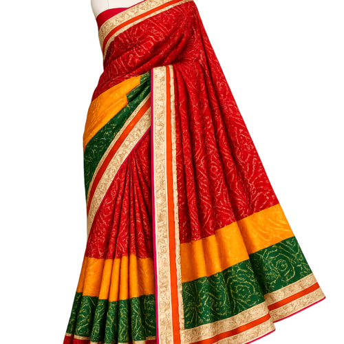 Zylec Culture Women's Traditional Bandhani Saree | Premium Rajasthani Bandhej Print | Golden Border | Festive & Wedding Wear