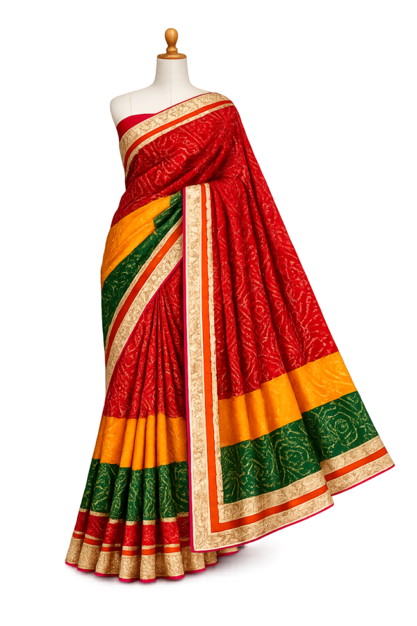 2026/07/1000438970.png Zylec Culture Women's Traditional Bandhani Saree | Premium Rajasthani Bandhej Print | Golden Border | Festive & Wedding Wear