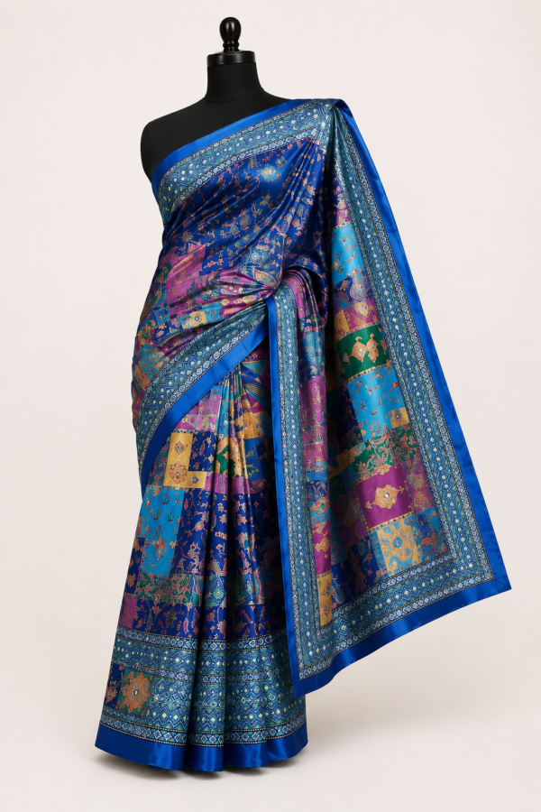 Zylec Culture Women's Premium Designer Silk Saree | Blue Multi-Color Printed Ethnic Saree with Rich Border
