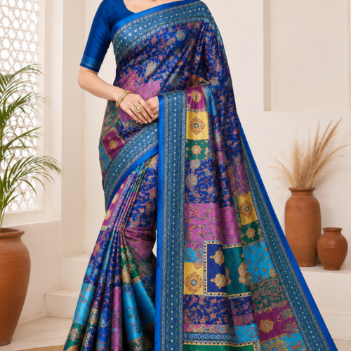 2026/07/1000440349.png Zylec Culture Women's Premium Designer Silk Saree | Blue Multi-Color Printed Ethnic Saree with Rich Border