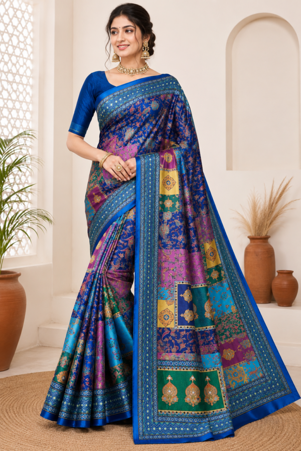 Zylec Culture Women's Premium Designer Silk Saree | Blue Multi-Color Printed Ethnic Saree with Rich Border