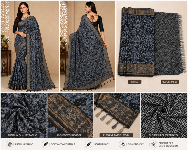 2026/07/1000440350.png Zylec Culture Women's Premium Grey Designer Printed Saree with Matching Blouse Piece | Soft Elegant Ethnic Wear