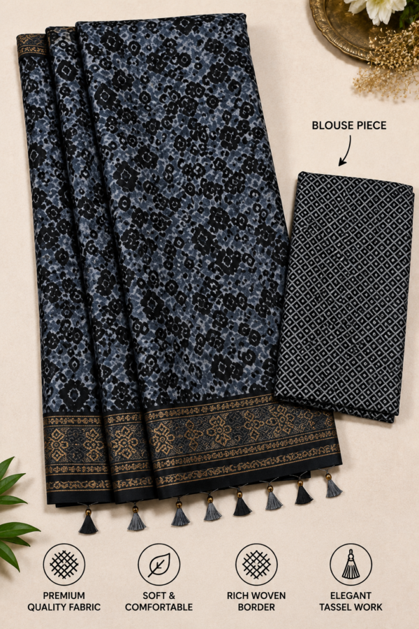 2026/07/1000440353.png Zylec Culture Women's Premium Grey Designer Printed Saree with Matching Blouse Piece | Soft Elegant Ethnic Wear