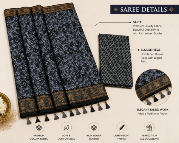 2026/07/1000440354.png Zylec Culture Women's Premium Grey Designer Printed Saree with Matching Blouse Piece | Soft Elegant Ethnic Wear