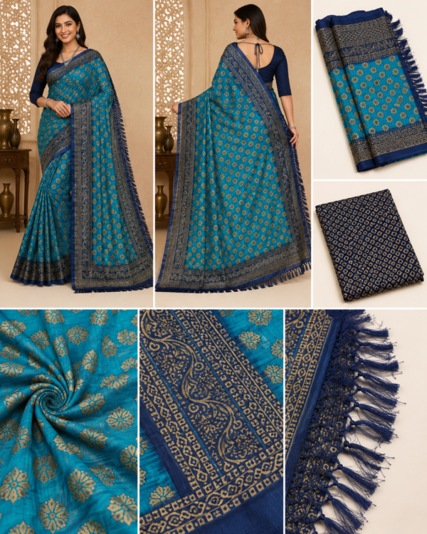 2026/07/1000440355-1.png Premium Blue Woven Silk Blend Saree with Golden Floral Motifs & Rich Border
