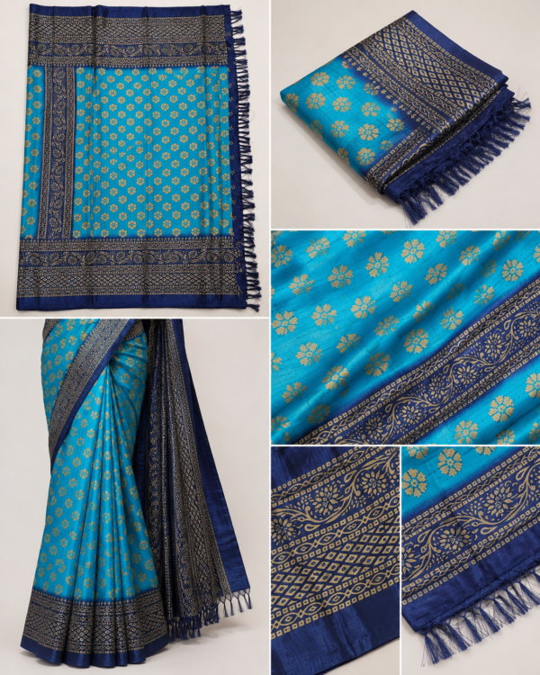 2026/07/1000440356-1.png Premium Blue Woven Silk Blend Saree with Golden Floral Motifs & Rich Border