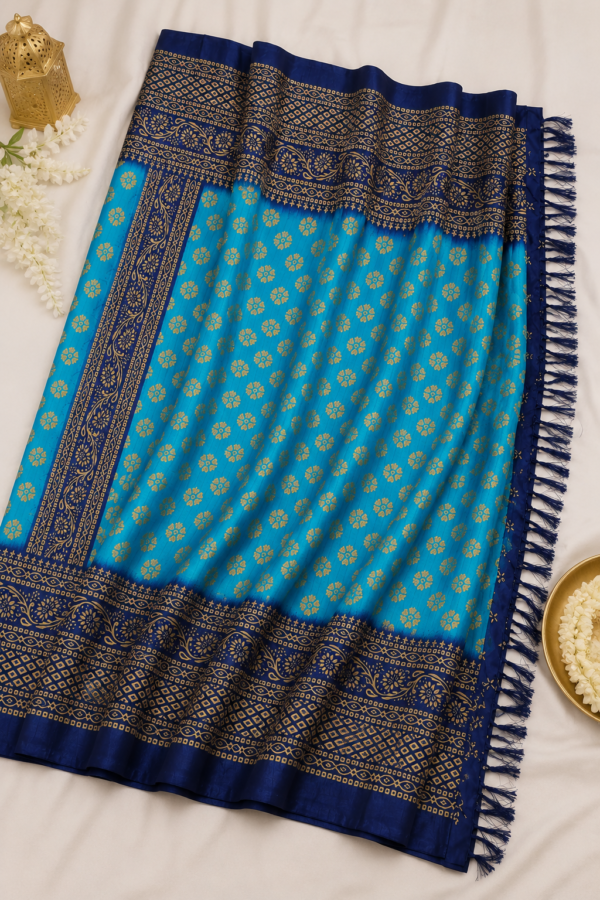 2026/07/1000440358-1.png Premium Blue Woven Silk Blend Saree with Golden Floral Motifs & Rich Border