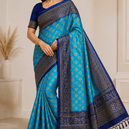 Premium Blue Woven Silk Blend Saree with Golden Floral Motifs & Rich Border