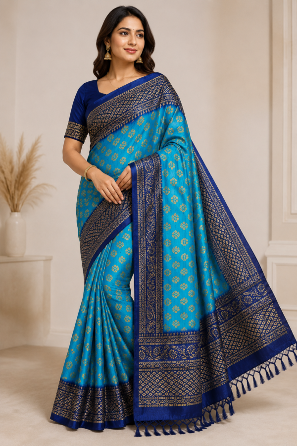 2026/07/1000440359-2.png Premium Blue Woven Silk Blend Saree with Golden Floral Motifs & Rich Border