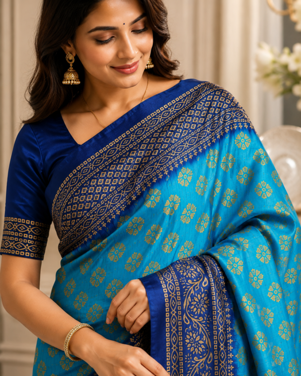 2026/07/1000440360-1.png Premium Blue Woven Silk Blend Saree with Golden Floral Motifs & Rich Border