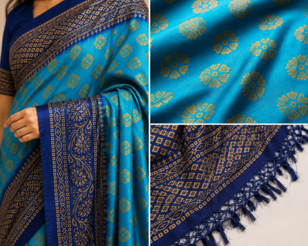 2026/07/1000440361-1.png Premium Blue Woven Silk Blend Saree with Golden Floral Motifs & Rich Border