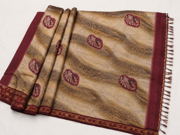 2026/07/1000440365.png Premium Beige & Maroon Printed Silk Blend Saree with Elegant Designer Border