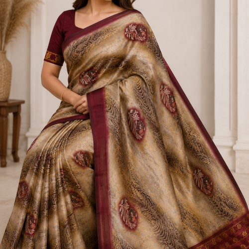 Premium Beige & Maroon Printed Silk Blend Saree with Elegant Designer Border