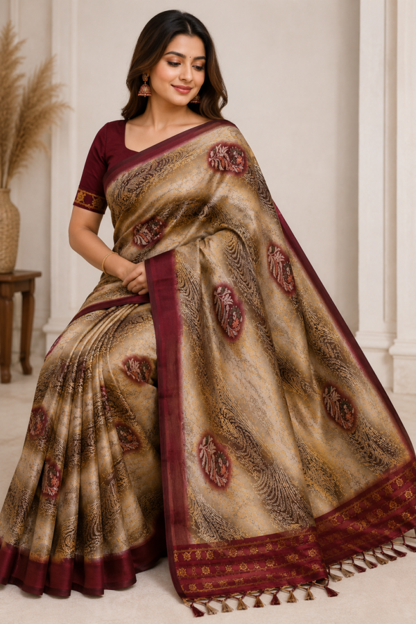 2026/07/1000440366.png Premium Beige & Maroon Printed Silk Blend Saree with Elegant Designer Border