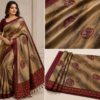 2026/07/1000440373.png Premium Beige & Maroon Printed Silk Blend Saree with Elegant Designer Border