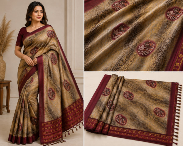 2026/07/1000440373.png Premium Beige & Maroon Printed Silk Blend Saree with Elegant Designer Border