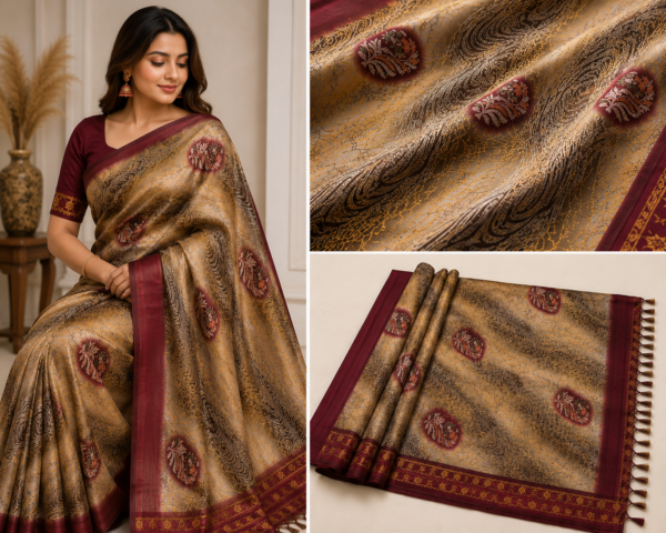 2026/07/1000440374.png Premium Beige & Maroon Printed Silk Blend Saree with Elegant Designer Border