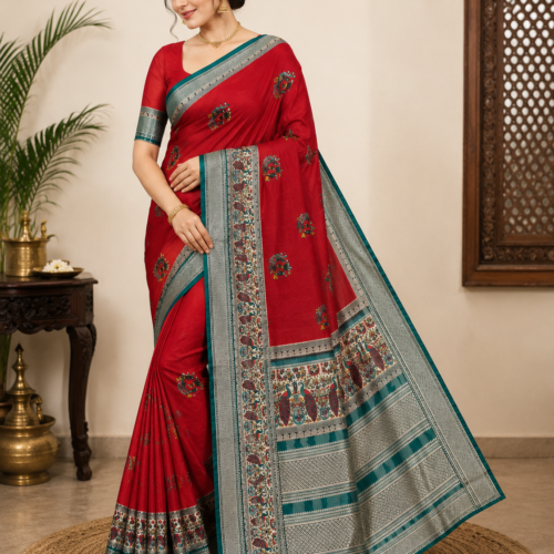 Zylec Culture Women's Red Printed Traditional Saree with Designer Border