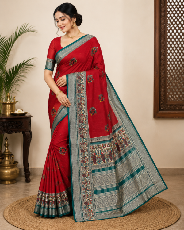 2026/07/1000440766.png Zylec Culture Women's Red Printed Traditional Saree with Designer Border