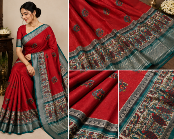 2026/07/1000440767.png Zylec Culture Women's Red Printed Traditional Saree with Designer Border
