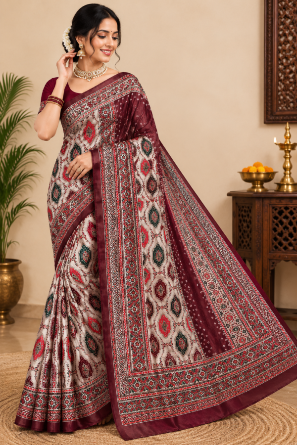 1000440769.png Zylec Culture Women's Maroon & Cream Printed Designer Saree with Elegant Border