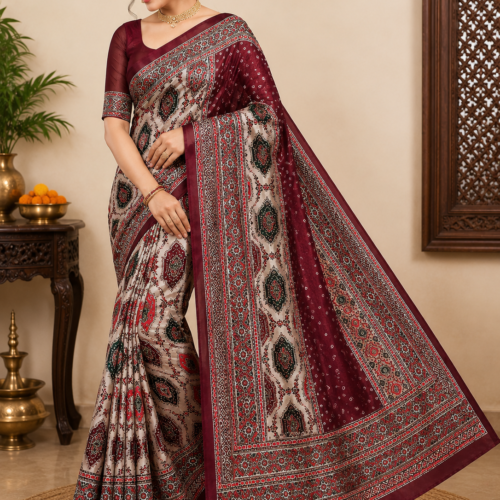 Zylec Culture Women's Maroon & Cream Printed Designer Saree with Elegant Border