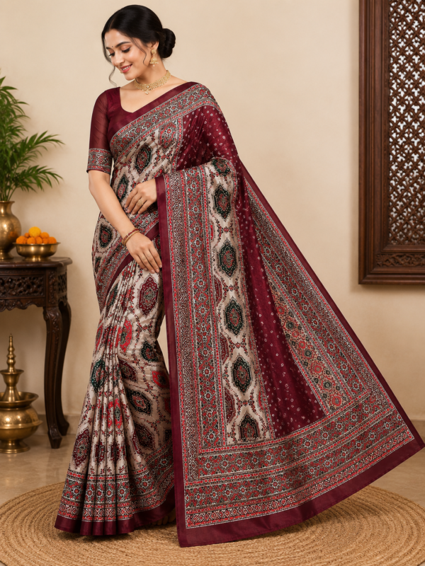 1000440770.png Zylec Culture Women's Maroon & Cream Printed Designer Saree with Elegant Border