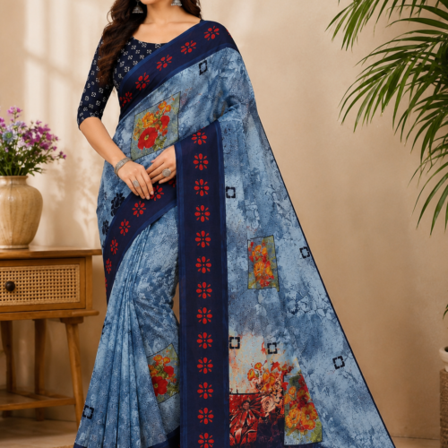2026/07/1000440791.png Zylec Culture Women's Navy Blue Floral Printed Designer Saree with Matching Blouse Piece