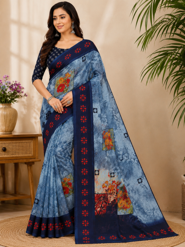 2026/07/1000440791.png Zylec Culture Women's Navy Blue Floral Printed Designer Saree with Matching Blouse Piece