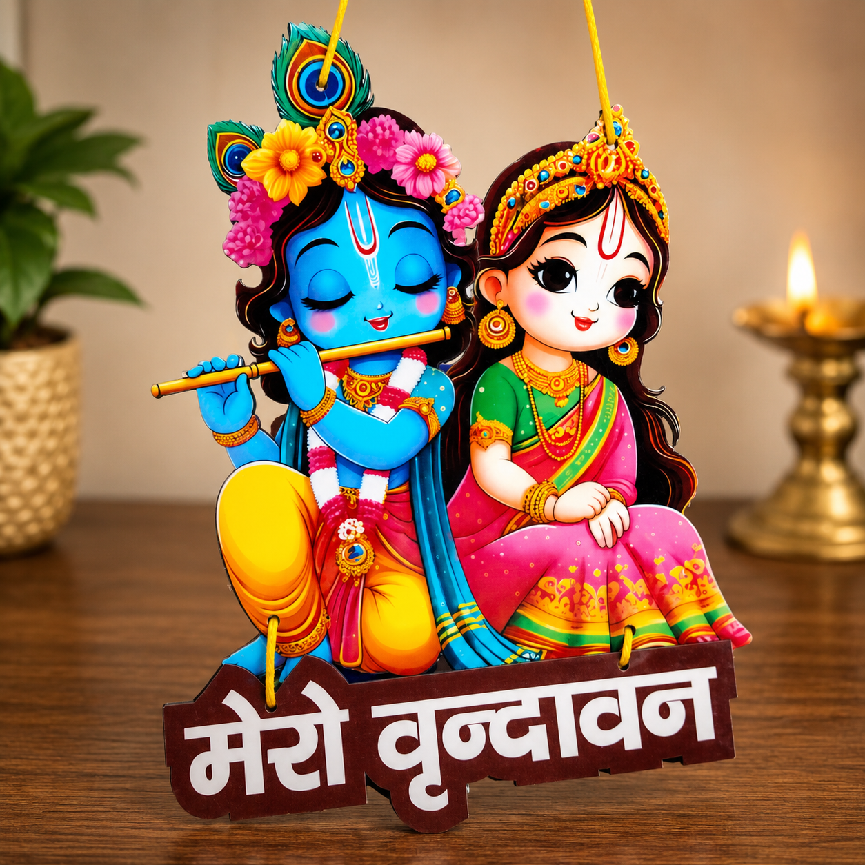 Premium Radha Krishna "Mero Vrindavan" Decorative Hanging for Home, Temple & Pooja Room