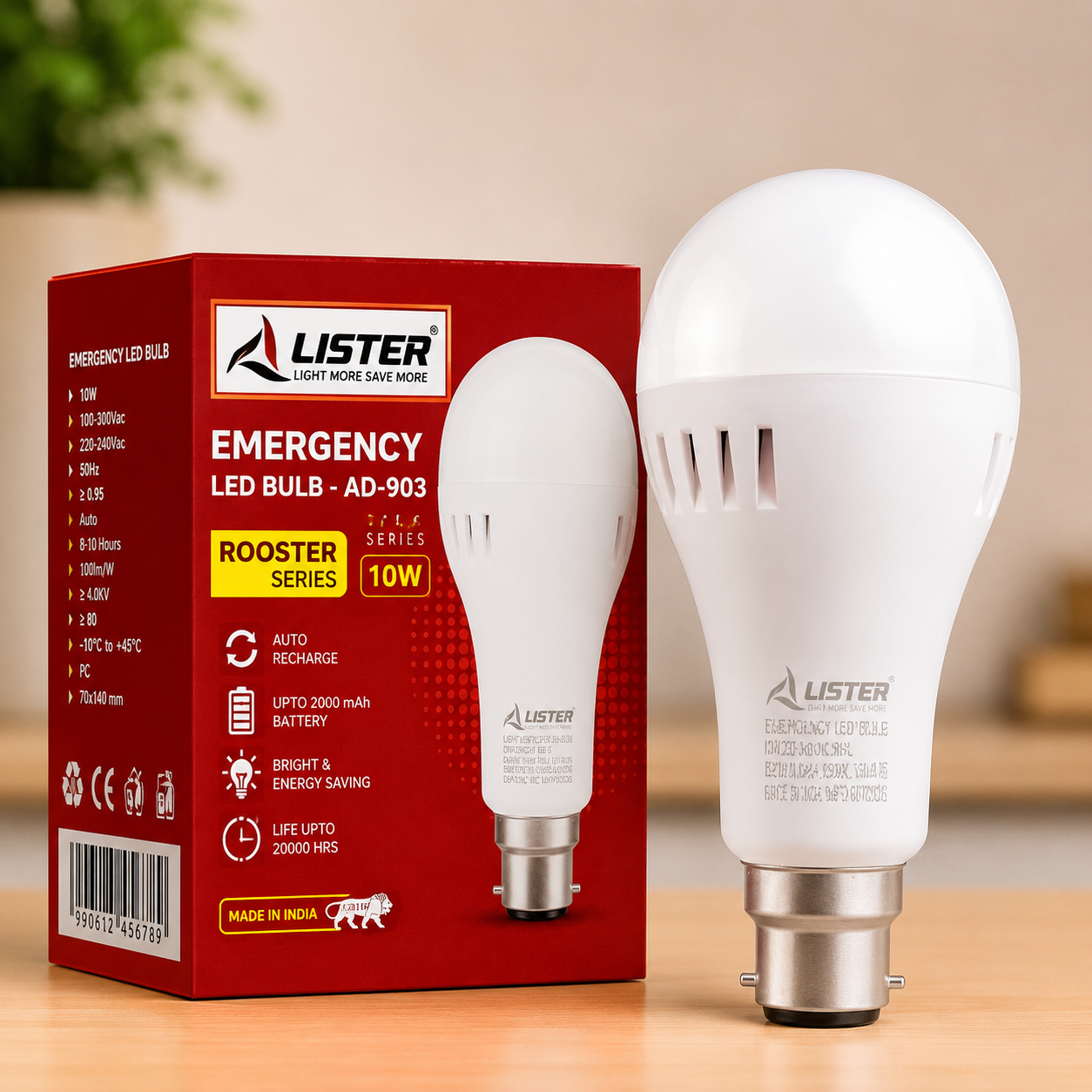 Lister Emergency LED Bulb 10W AD-903 | Rechargeable Inverter LED Bulb | Auto Recharge | B22 Base