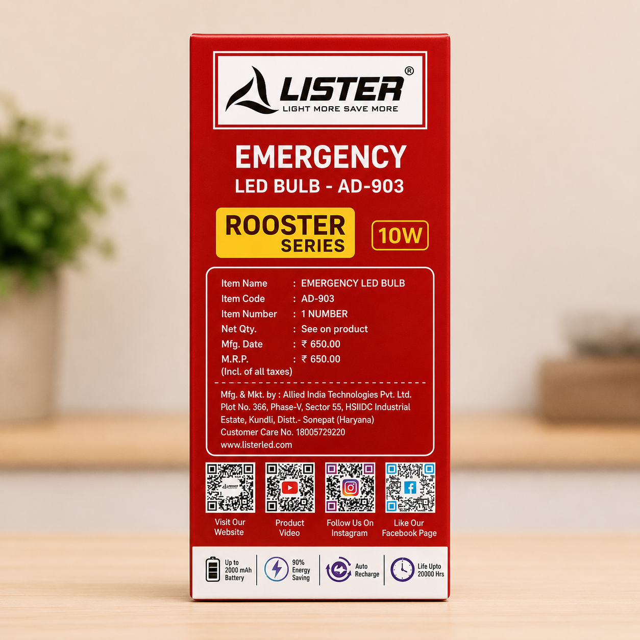 file_0000000060948208b3c305e13c6133001701332412241171558 Lister Emergency LED Bulb 10W AD-903 | Rechargeable Inverter LED Bulb | Auto Recharge | B22 Base
