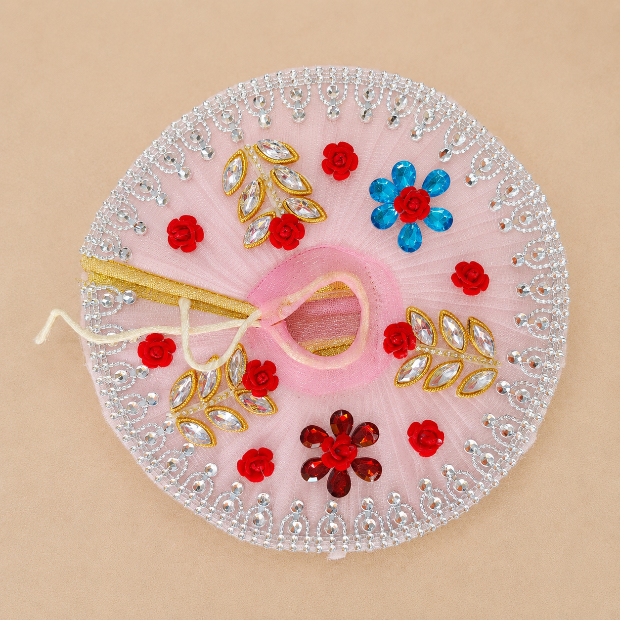 file_000000006e2881fa83e5d56ed89b8a982017839422607436715 Shri Krishna Ji BABY PINK Poshak – Handcrafted Vrindavan Vastra Collection for Laddu Gopal (Size - 8 Inch)