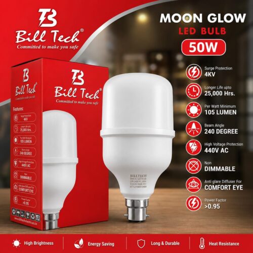 Bill Tech Moon Glow 50W B22 High Brightness LED Bulb | Energy Saving LED Light | 4KV Surge Protection | 440V High Voltage Protection