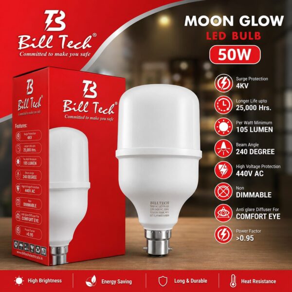 img-20260730-wa00433821822970857724800 Bill Tech Moon Glow 50W B22 High Brightness LED Bulb | Energy Saving LED Light | 4KV Surge Protection | 440V High Voltage Protection