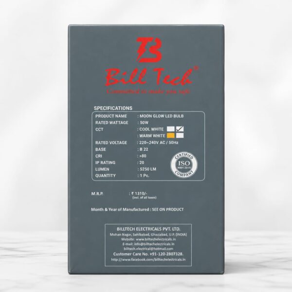 Bill Tech Moon Glow 50W High Brightness LED Bulb | B22 Energy Saving LED Light | Cool White | 5250 Lumens | 220-240V AC